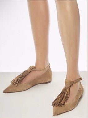 Agl Tan Suede Pointed-Toe fringe Tassel Flats with Ankle Strap made in Italy